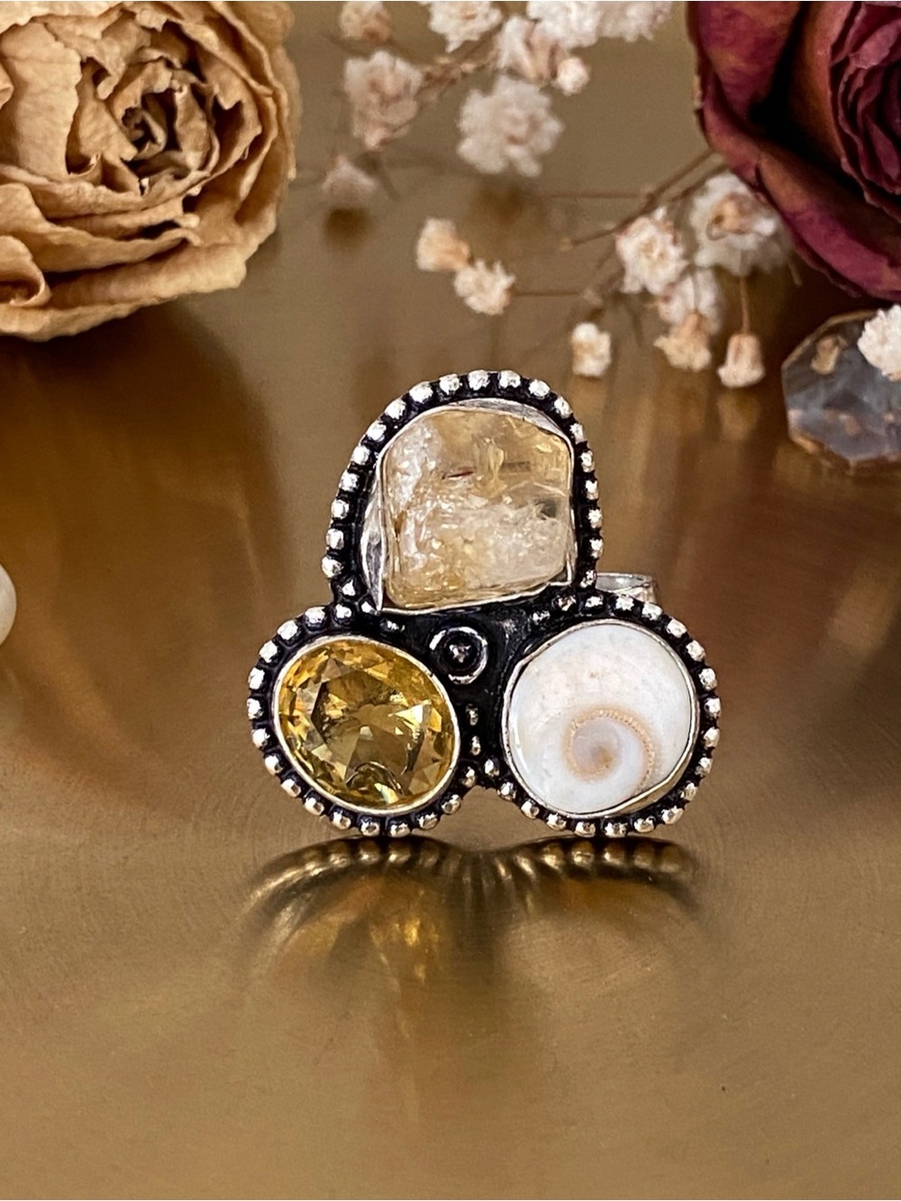 Natural Raw Citrine, Shiva Eye Shell And Citrine Ring Size 8